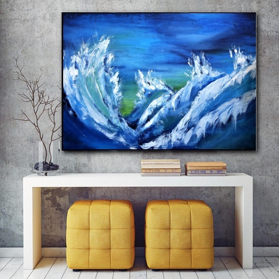 Impasto, Abstrakcyjne, Dzika Natura, Granatowy, Biały, Zielony, Błekitny, Impresjonizm , Sztuka nowoczesna, Fale, Morze, Akryl, Ręcznie malowany, Farb Akrylowe, Płótno