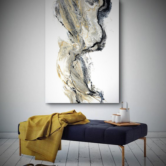 Abstrakcyjne, Złoty, Biały, Czarny, Nowoczesny, Oryginalny, Obraz do salonu, Ręcznie malowany, Akryle, Płótno, Acrylic Pour Painting