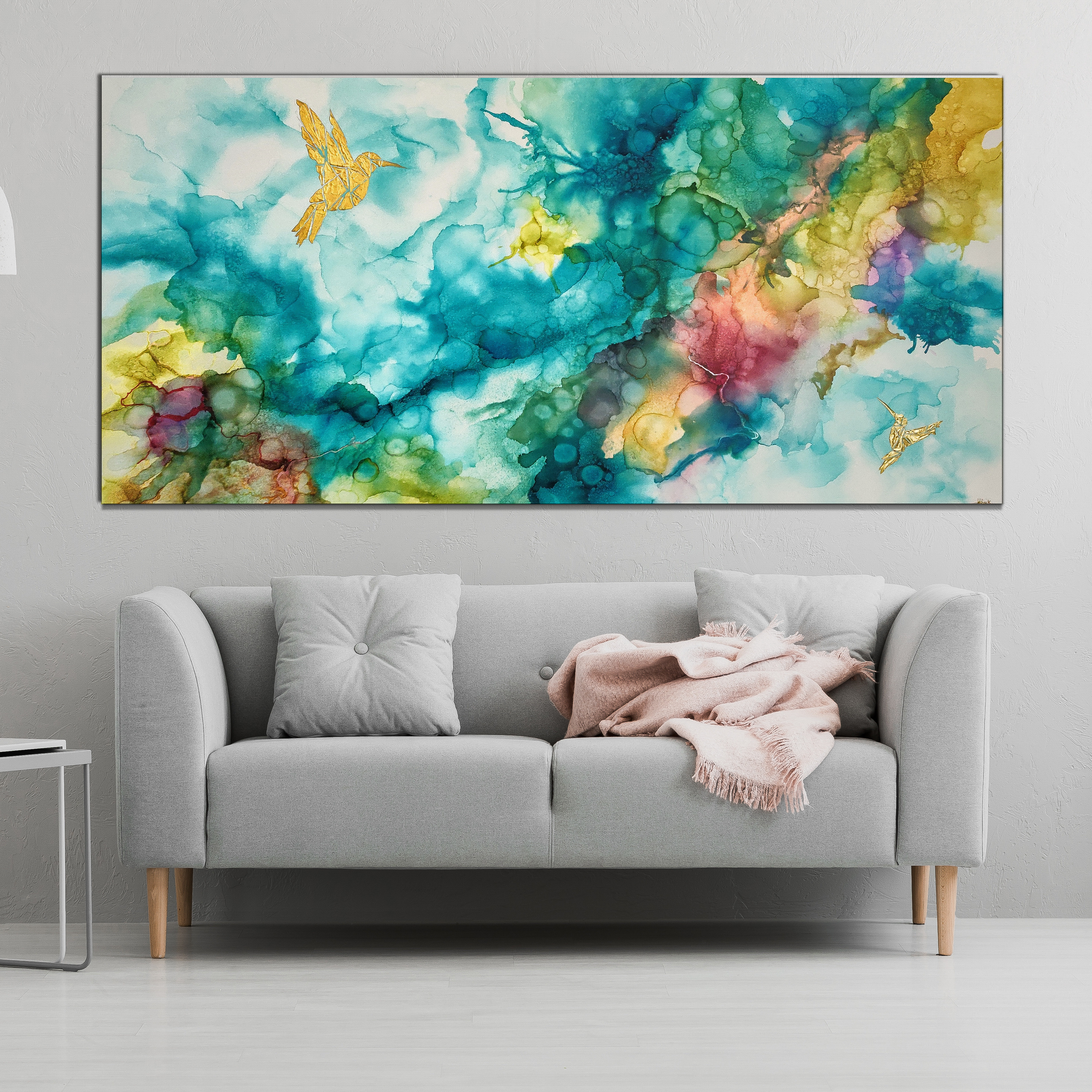 Złoty koliber, Złoty ptak, Obraz do jadalni, Obraz na zamówienie, Alcohol Ink, Duży obraz, Abstrakcyjne, Obrazy alcohol ink, Obraz abstrakcyjny, Obraz do salonu, Ręcznie malowany