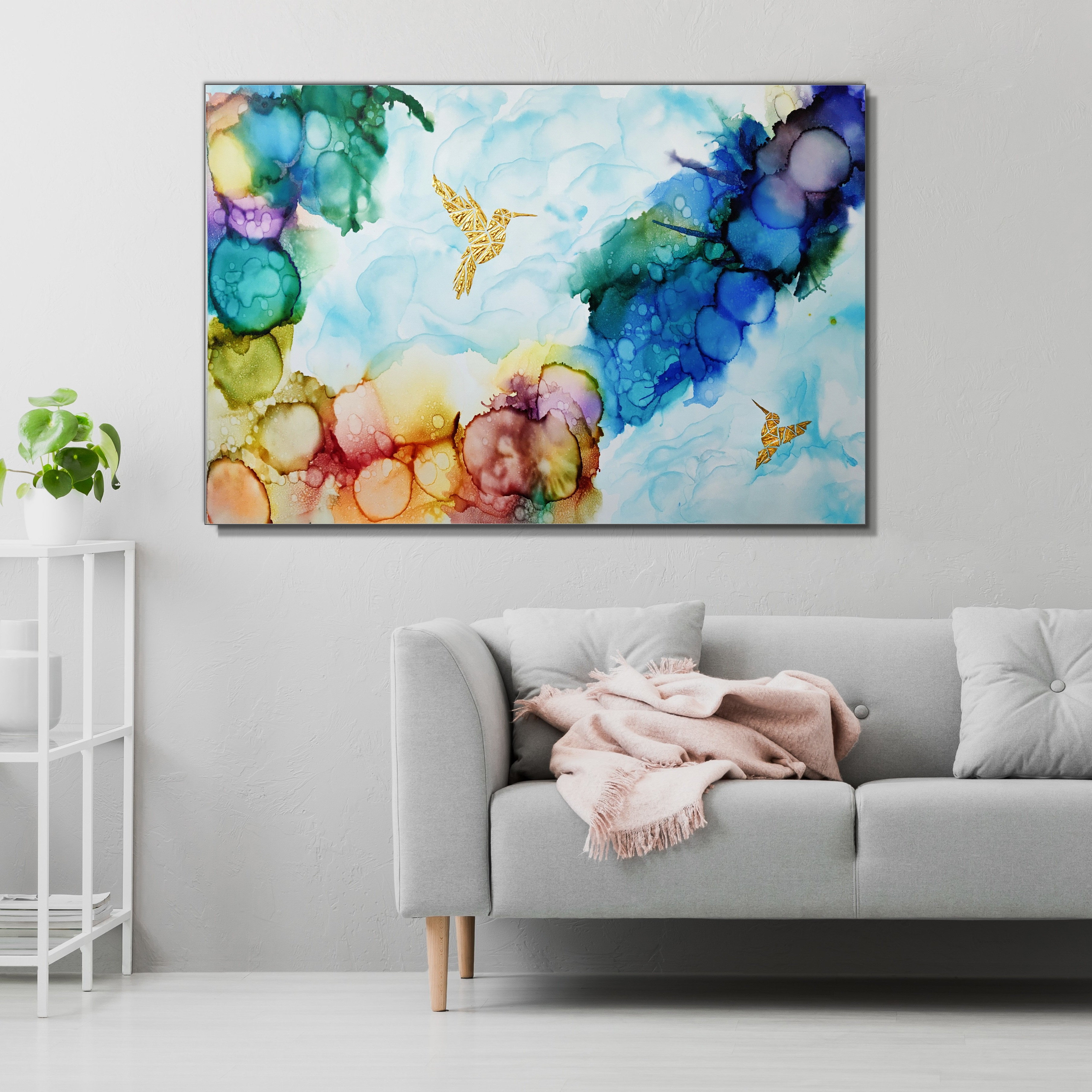 Obraz do salonu, Obraz abstrakcyjny, Obrazy alcohol ink, Abstrakcyjne, Duży obraz, Alcohol Ink, Obraz na zamówienie, Obraz do jadalni, Złoty ptak, Złoty koliber