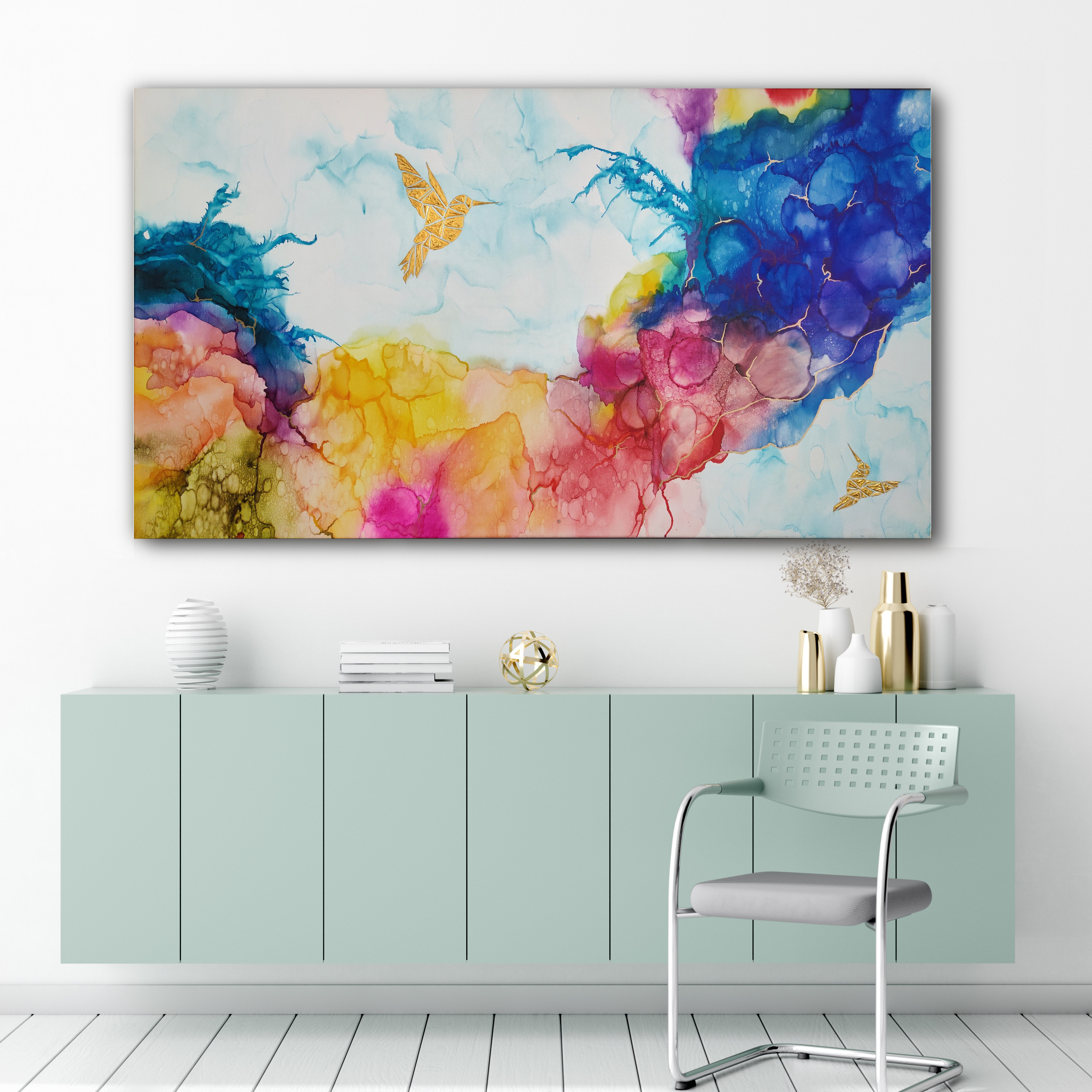 Abstrakcyjne, Złoty koliber, Złoty Ptak, Alcohol Ink, Farby akrylowe, Impasto, Ręcznie malowany, Obraz do jadalni, Obraz do salonu, Abstrakcja do salonu, Na płótnie, Nowoczesny